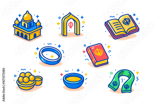 Colorful sikh symbols gurdwara, khanda, and sacred texts icons