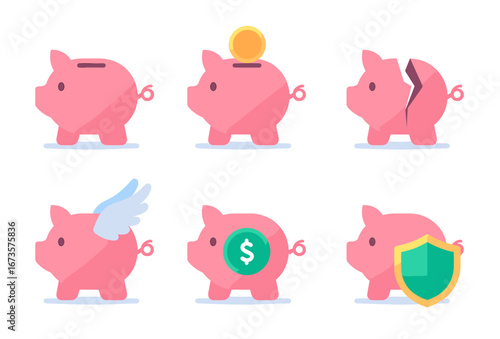  Six pink piggy banks showcasing savings, investment, loss, growth, and protection concepts