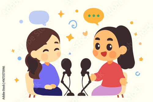 Cute Cartoon Girls Recording Podcast Illustration