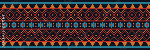 Geometric tribal border pattern design. Decorative tribal inspired geometric border pattern with diamond and zigzag shapes ideal for textiles and design. Ethnic embroidery seamless border template.

