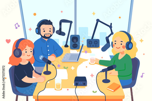 Cartoon Group Illustration Podcast Recording in Studio