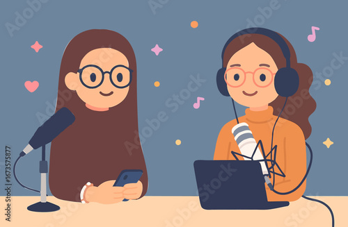 Cartoon Girls Recording Podcast with Laptop and Microphone Illustration