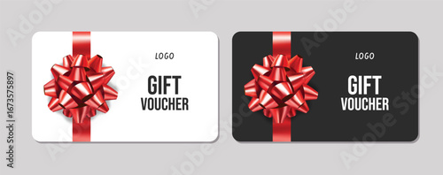 3d realistic gift cards with a ribbon bow. Gift Certificate Template, Sale Card, Birthday, Christmas
