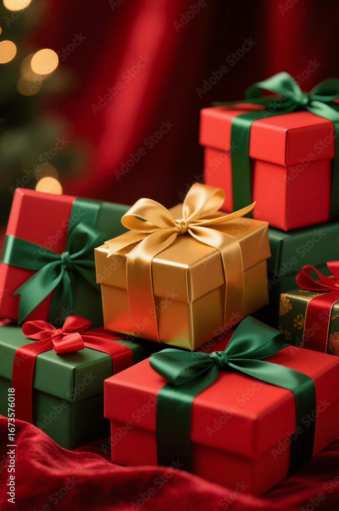 Fototapeta premium Red and Green Gift Boxes with Ribbons