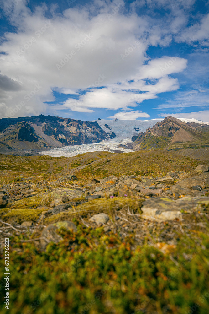 Fototapeta premium Glacier stretching between volcanic mountain ridges with mossy tundra in the foreground under a partly cloudy sky in Iceland