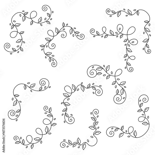 Set of floral curl corners. Decorative nature elements with leaves.