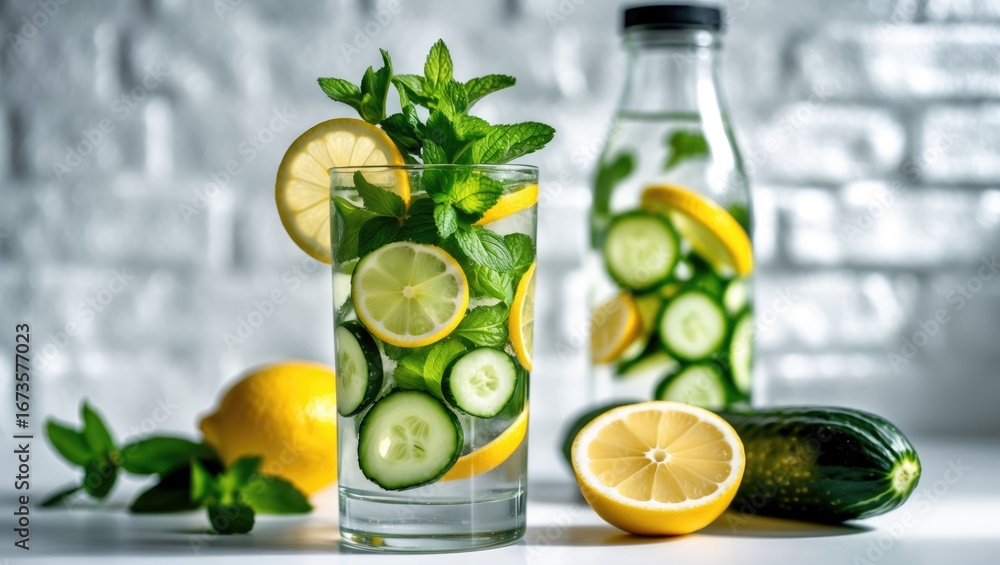 Fototapeta premium A refreshing cucumber, lemon, and mint infused water with slices of lemon and cucumber, alongside fresh lemon and cucumber on a white surface.