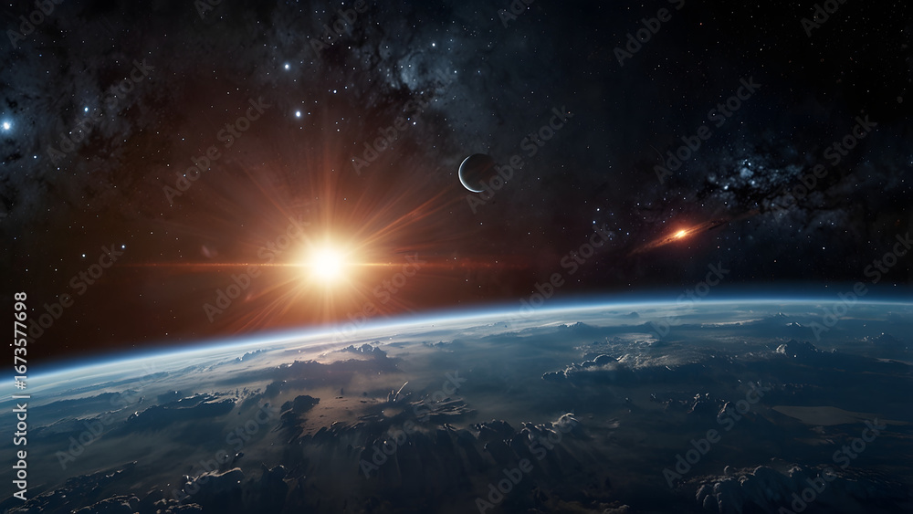 custom made wallpaper toronto digitalA stunning view of Earth from space, with galaxies, stars filling the cosmos, earth seen from a distance in space with bright stars in the background, sunrise from space with earth and stars.