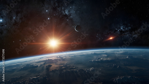 Wallpaper Mural A stunning view of Earth from space, with galaxies, stars filling the cosmos, earth seen from a distance in space with bright stars in the background, sunrise from space with earth and stars. Torontodigital.ca