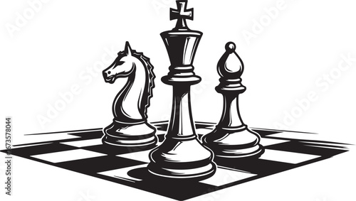 Classic Chess Pieces on Checkerboard Silhouette" Vector