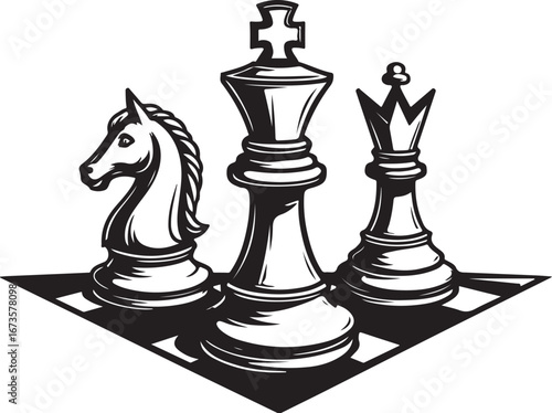 Classic Chess Pieces on Checkerboard Silhouette" Vector