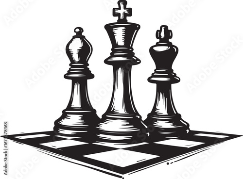 Classic Chess Pieces on Checkerboard Silhouette" Vector
