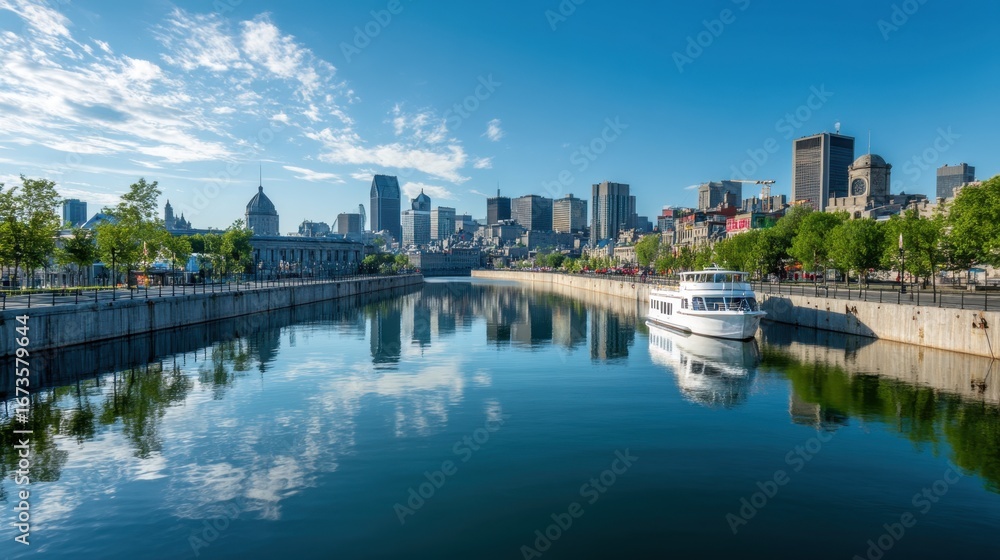 Obraz premium Montreal cityscape on a sunny day reflecting in the canal. Beautiful city skyline for travel concept.