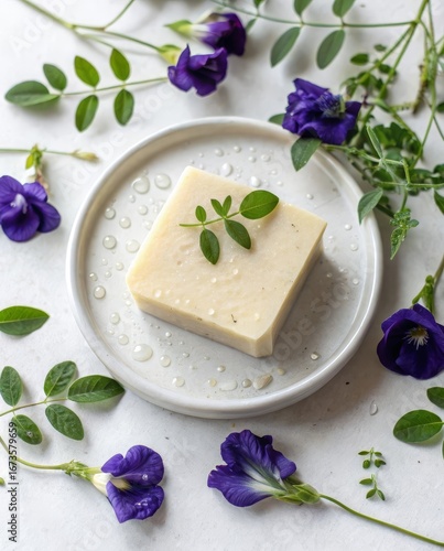 Wallpaper Mural Crafting tranquility handmade herbal soap bar on white ceramic dish surrounded by fresh butterfly pea blossoms in serene natural setting for wellness and aesthetics Torontodigital.ca