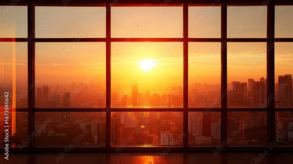 Fototapeta premium Sunlight through large panoramic window overlooking urban cityscape. Sunset view from high rise building for real estate or travel.
