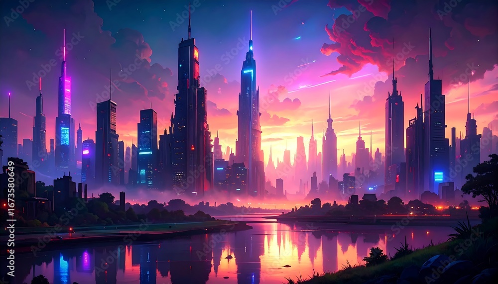 Obraz premium Futuristic cityscape at dawn