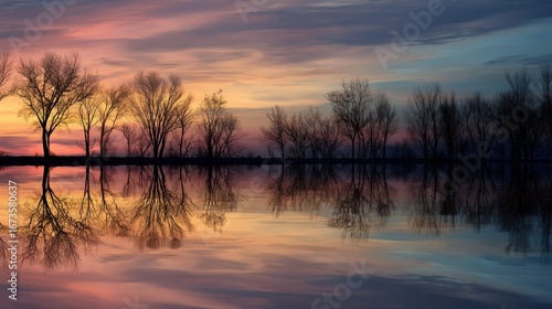 Wallpaper Mural Bare trees reflecting on still water at sunset. Tranquil park landscape scene with colorful sky. Harmony and calm nature view for background. Torontodigital.ca