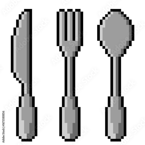 Pixel cutlery knife fork spoon vector for food, dining, and restaurant concepts. Useful for designing menus, apps, or websites in a fun, retro, 8-bit aesthetic.