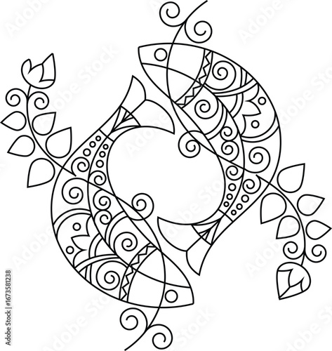 Indian Traditional and Cultural Rangoli, Alpona, Kolam, or Paisley vector line art.  tradition of the Bengal region, for textile printing, logo, and wallpaper	
