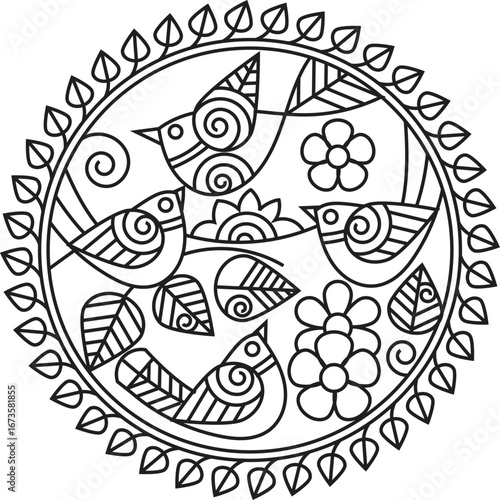 Indian Traditional and Cultural Rangoli, Alpona, Kolam, or Paisley vector line art.  tradition of the Bengal region, for textile printing, logo, and wallpaper	