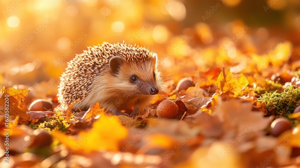 Fototapeta premium A small hedgehog walking through vibrant autumn leaves with textured spines, surrounded by acorns and moss under golden afternoon light