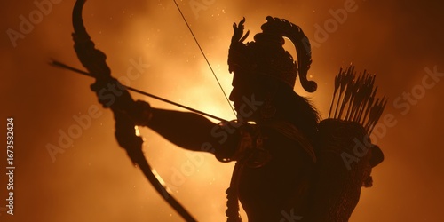 Silhouette of Lord Rama with Bow and Arrow in Sunset Background