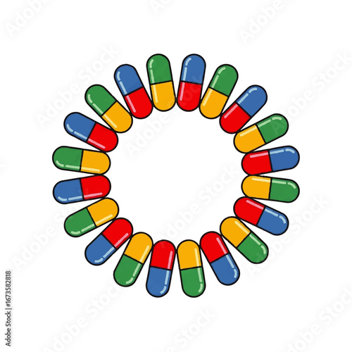 Colorful capsules arranged in a circular frame, creating a vibrant and symmetrical design