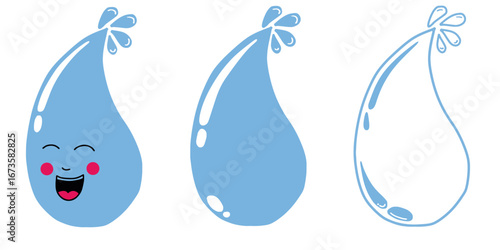 Hand drawn set collection of cute cartoon style water drop character and water symbols vector illustration