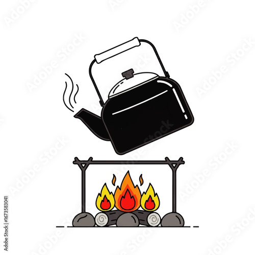 A black kettle is being poured over a campfire with flames, logs, and a metal frame