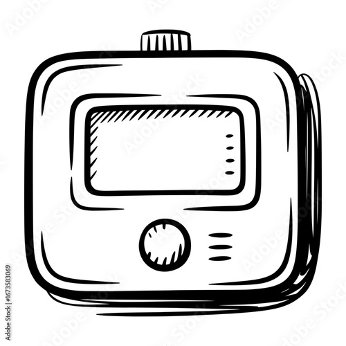 Hand drawn black and white sketch illustration of a thermostat control device in doodle vector style