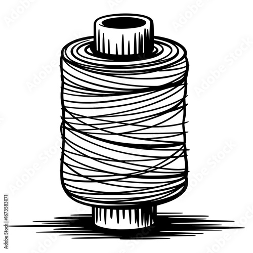 Black and white sketch hand drawn illustration of sewing thread spool in doodle vector style