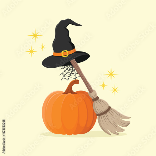 Pumpkin and witch's magical attributes hat and broom with spider cobweb. Halloween holiday vector illustration.