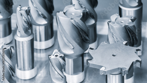 Fotografia Industrial metalworking concept, milling cutter, metal cutter close up CNC cutters for metal