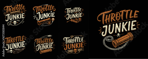 Throttle Junkie" retro motorcycle vector designs, featuring various throttle handles, skulls, and mechanical elements, ideal for t-shirts, posters, and biker apparel.