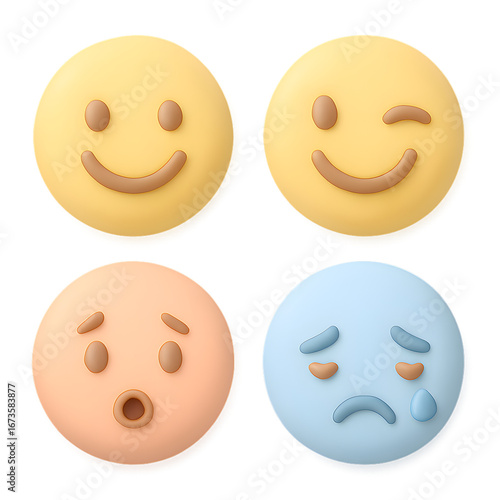 Emoji clay pastel icons set isolated on transparent background happy wink surprised and sad faces soft 3D style