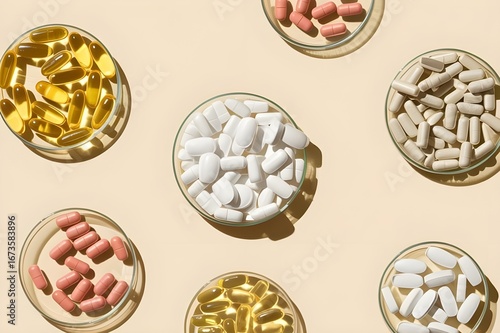 Variety of colorful vitamin pills and supplements in clear containers arranged in a pattern
