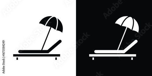 Beach chair with umbrella icons, emblem logo or badge designs.