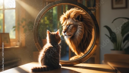 Wallpaper Mural Adorable kitten looking into mirror reflection showing majestic lion face inside cozy sunlit room creative concept of imagination and power Torontodigital.ca
