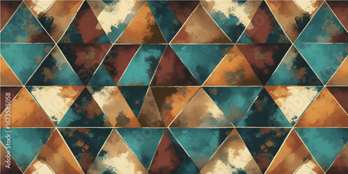 Seamless, retro, brown geometric mosaic tile pattern with an old paper texture