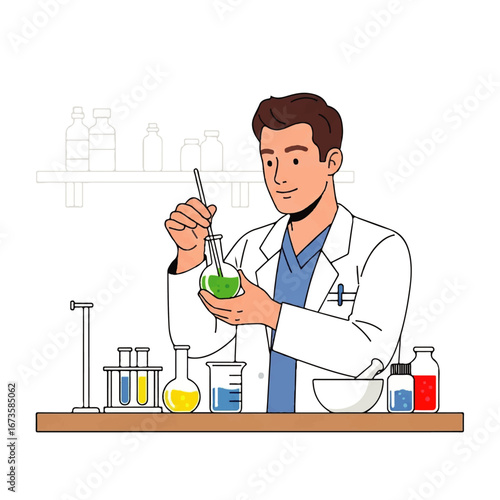 A scientist in a lab coat carefully conducts an experiment with a flask, dropper, and other equipment
