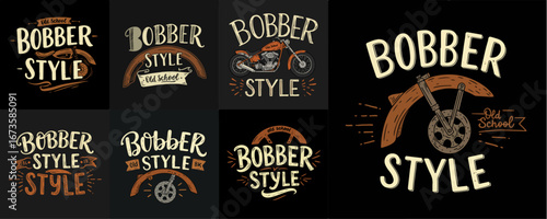 Collection of 'Bobber Style' motorcycle-themed vintage logos and emblems, showcasing classic custom bike culture and old school craftsmanship on a dark background.