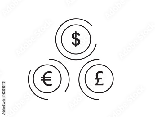 Global currency exchange rates illustration featuring dollar euro and pound symbols in a triangular formation symbolizing international finance and market volatility