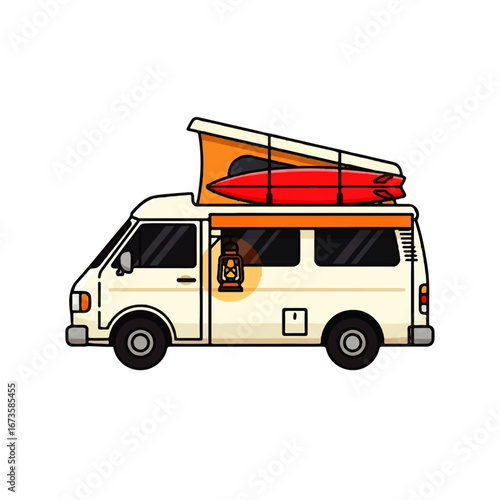 Illustration of a camper van with a surfboard on top, featuring a pop-up roof and a lantern hanging from the side
