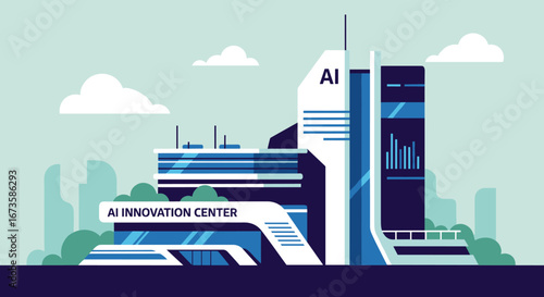 A contemporary architectural illustration of an AI Innovation Center, symbolizing advanced technology, data science, and future-forward development.