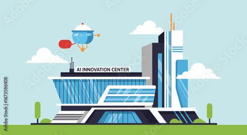 This vibrant vector illustration showcases a futuristic AI Innovation Center, featuring sleek modern architecture, symbolizing advanced technology and innovation.