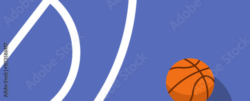 A basketball rests on a vibrant court surface.