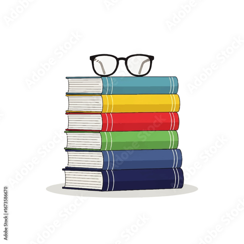 Stack of colorful books with eyeglasses placed on top, isolated on white background