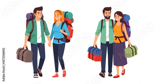 Two happy couples with large backpacks and duffel bags are ready for an exciting journey, symbolizing adventure, travel, and exploration together.