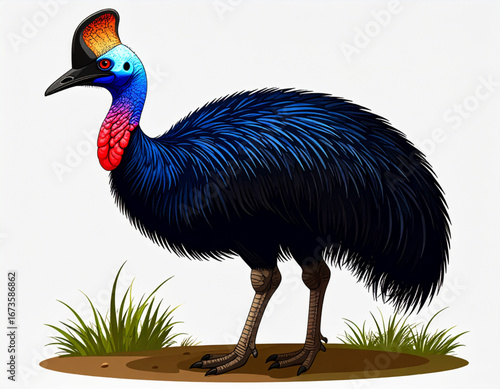 kasuari, cassowary, papua, burung besar, endemik, vektor, eps10, svg, flat, geometric, silhouette, wildlife, indonesia, white background, isolated, casque, wattle, tropis, fauna, stock, clean, modern