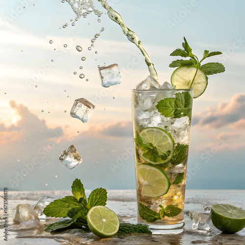 Refreshing mojito cocktail with lime mint ice cubes and a splash of water
